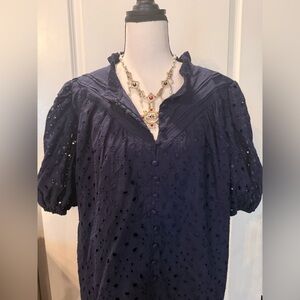Elegant Navy Eyelet Blouse